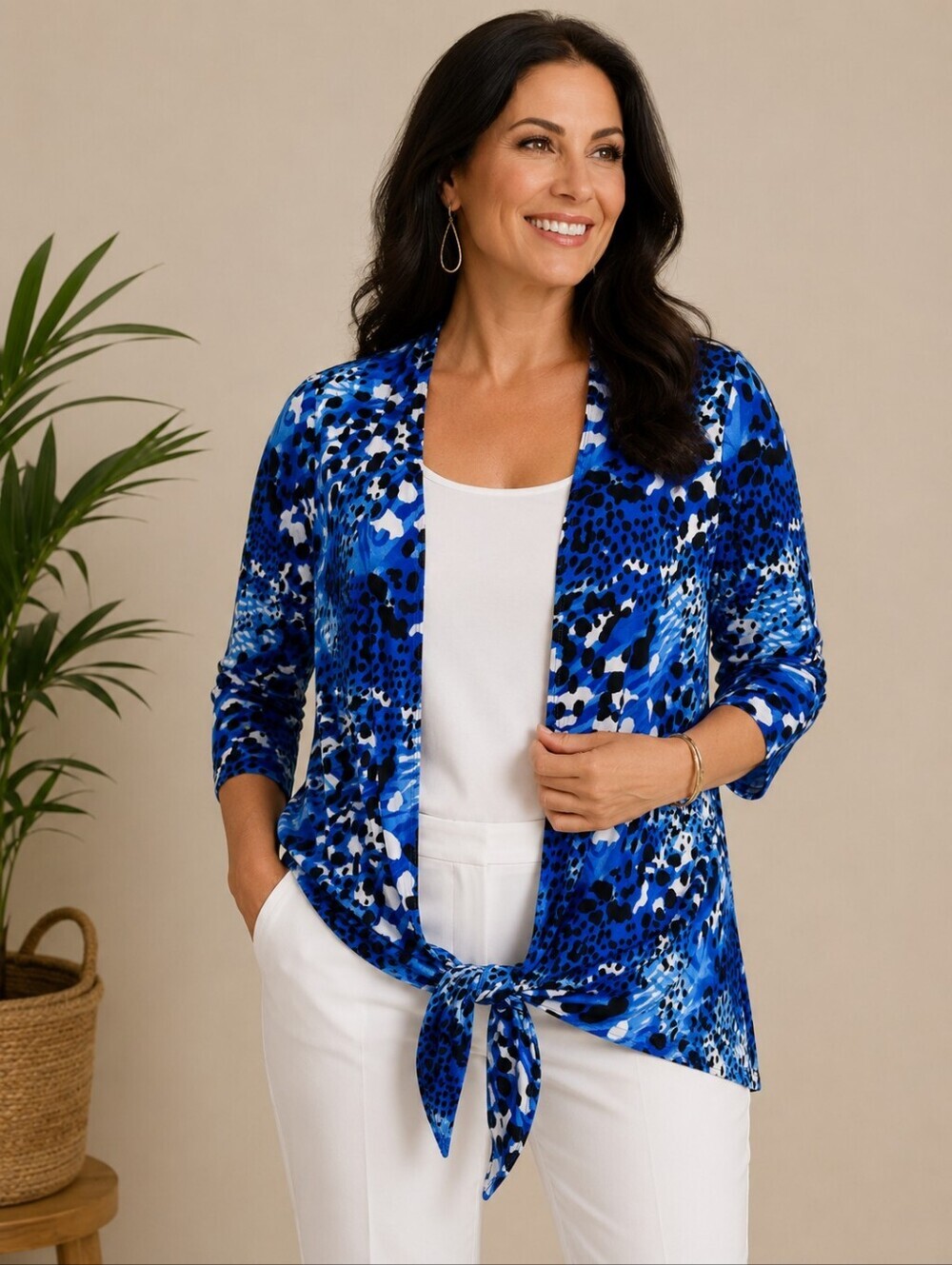 Chico's Easywear Blue Animal Print Tie Front Cardigan Size 3 XL